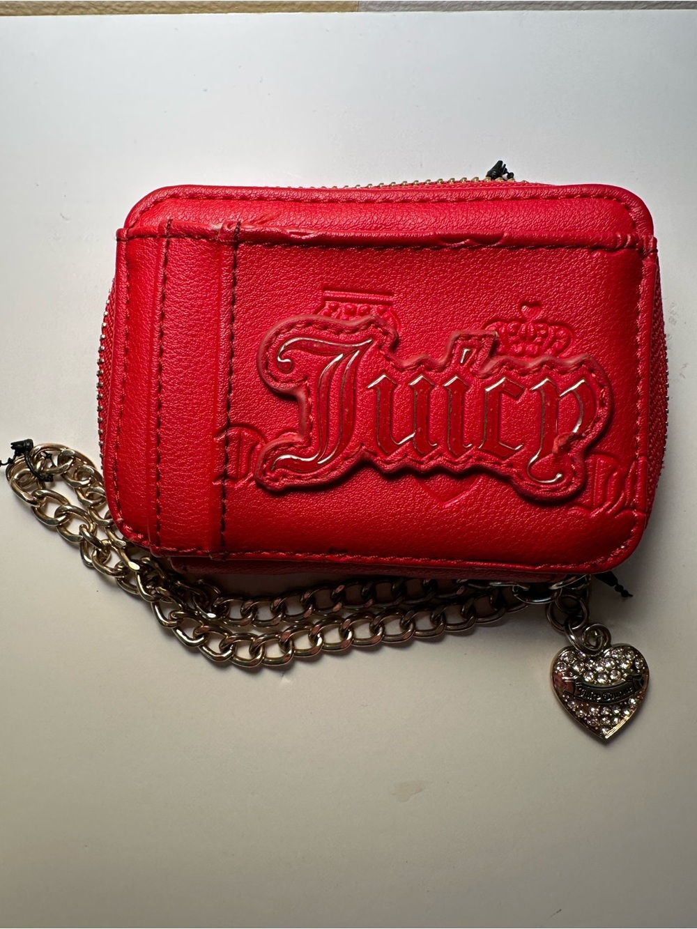 Juicy Couture Red Mini Card Case with Chain and Heart Charm wristlet
